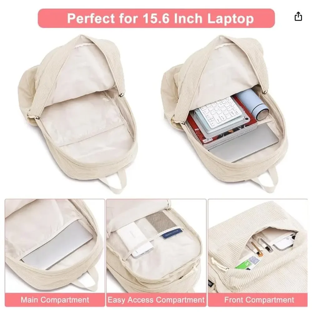 Lightweight Corduroy School Bookbag, Large Laptop Backpack- Beige